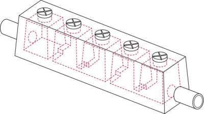 Isometric wireframe view of SVC's MC2 Multi-Cell device, showing the internal cells within the concrete casing.