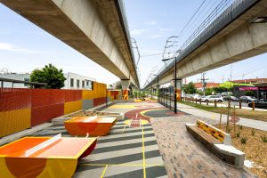 SVC concrete bench modules with brick inlay at the new linear park at Carnegie Station.