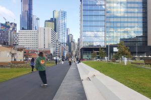 Custom seat and stair modules by SVC Urban line the newly-upgraded University Square in Carlton.