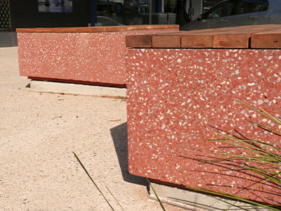 The vibrant red of these concrete seats is thanks to the crushed red brick aggregate.