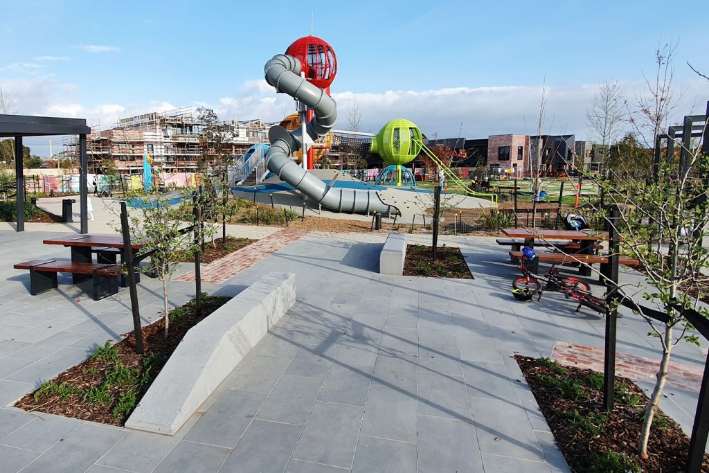 Concrete seating at a park.